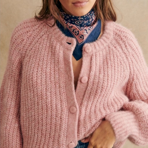 Sezane Emile Cardigan Mottled Pink Alpaca Wool Slightly Puffed Sleeves Medium - Picture 4 of 11